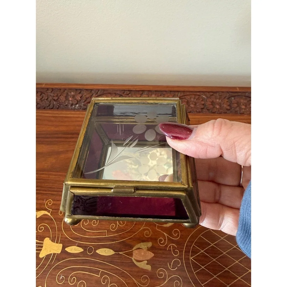 Vintage Brass & Purple‎ Glass Jewelry Box 3